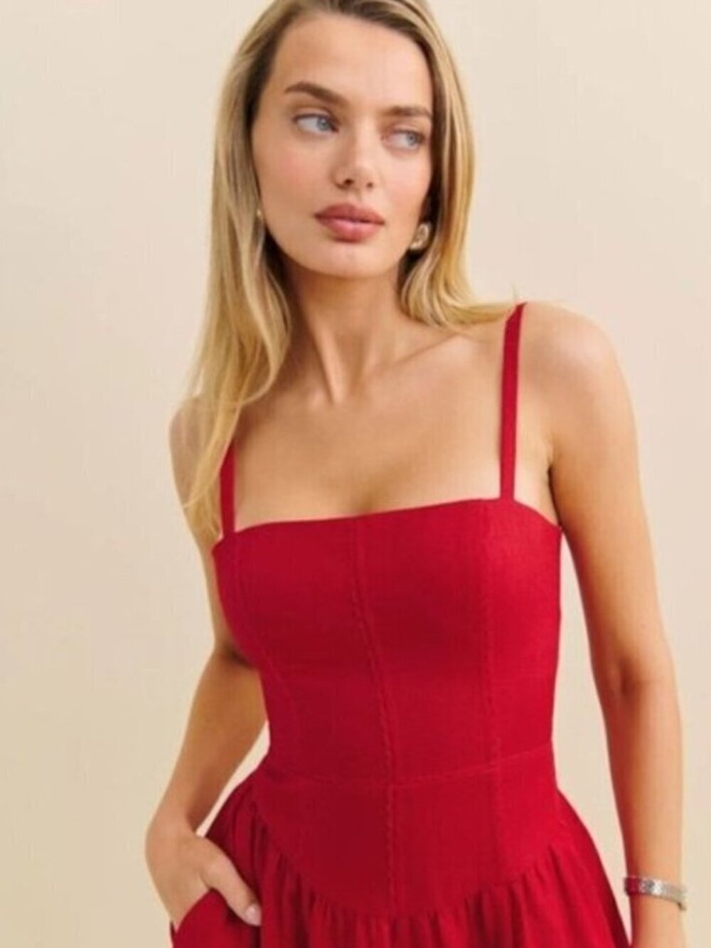 Reformation Katarin Linen Midi Dress Lipstick Red Lace Detail | US 2 UK 6 - Picture 2 of 13